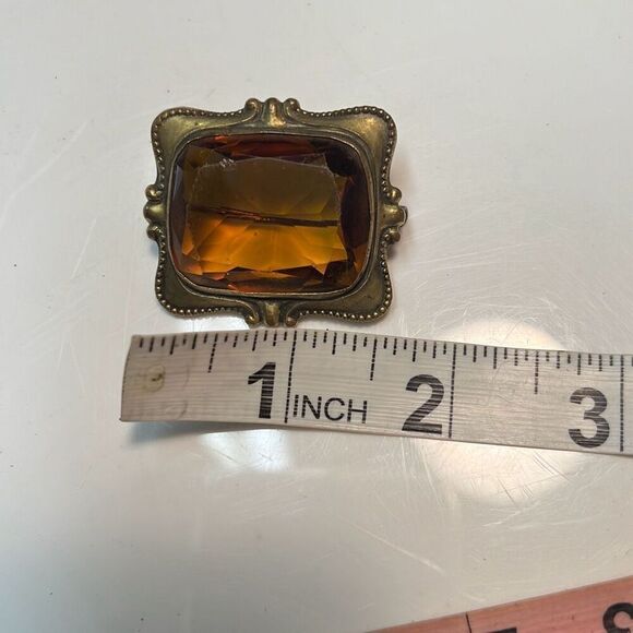 Large Czech Glass Brass Frame Holly Leaves Blossoms Pin  Large Antique Amber Brooch Bronze Frame C Clasp